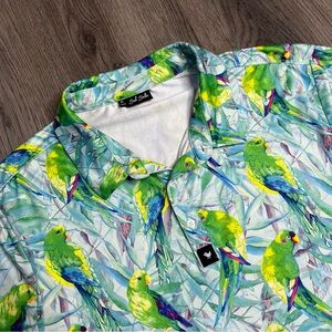 Bad Birdie Shirt Men's XL Parrots Tropical All Over Print Preppy Golf Polo Shirt